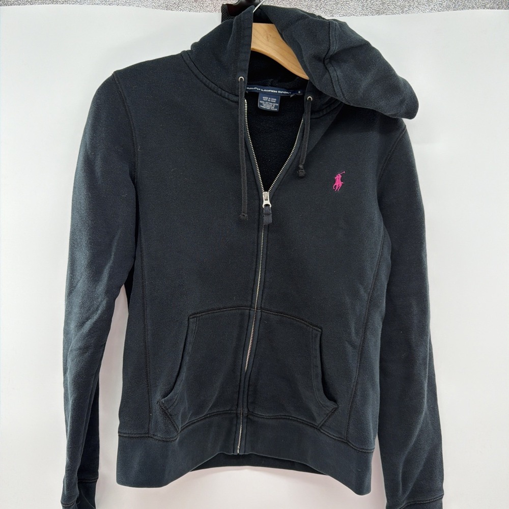 Vtge Ralph Lauren Sport Hoodie Womens S Black Full  Zip Sweatshirt Pony Logo
